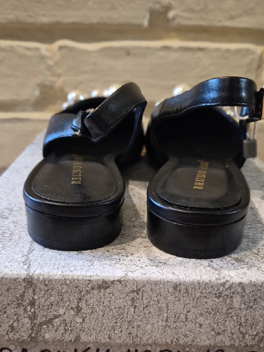 Bruno Premi Black Leather Pearl-Embellished Slingback Flats - Picture 7 of 10